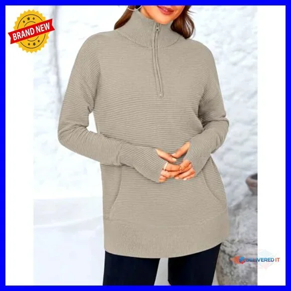 Quarter Zip Pullover Sweater Oversized Loose Fit Rib Knit Chic Casual Winter - Picture 5 of 7